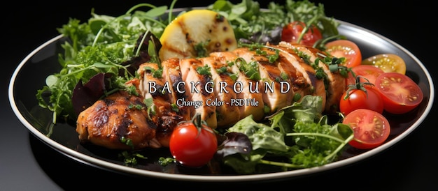 PSD grilled chicken fillet with fresh salad on black background closeup