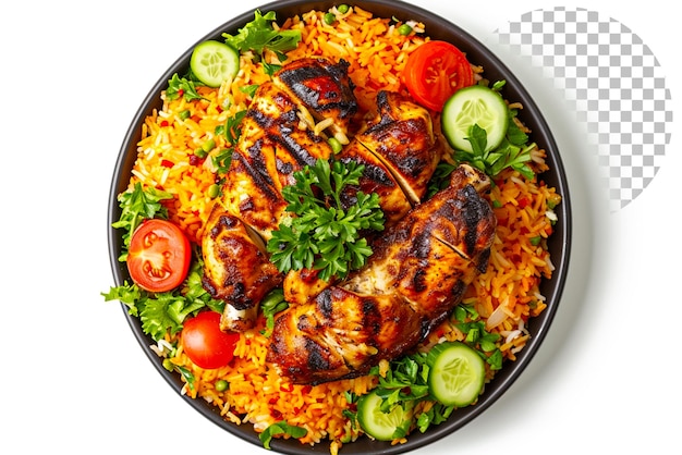 PSD grilled chicken mandi rice arabic food top view isolated on transparent background