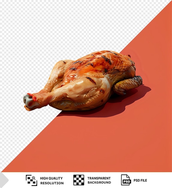 PSD grilled chicken on a red background with a leg visible in the foreground and a dark shadow cast behind it png psd