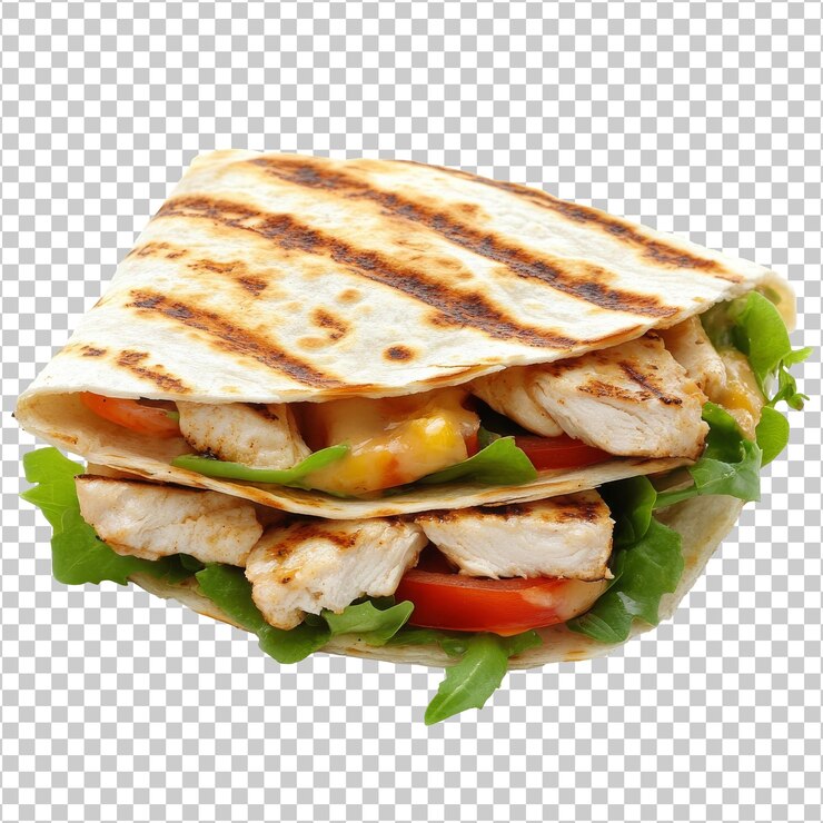 PSD grilled chicken wrap with fresh vegetables served transparent