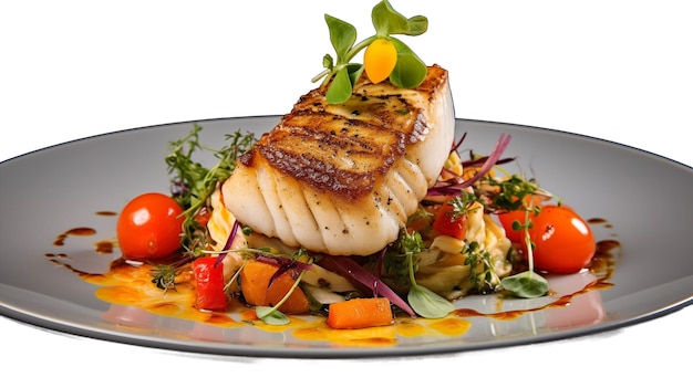 PSD grilled fish fillet with vegetables on a plate isolated on transparent background