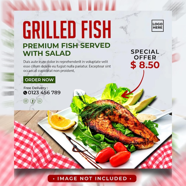 PSD grilled fish flyer and square banner social media template