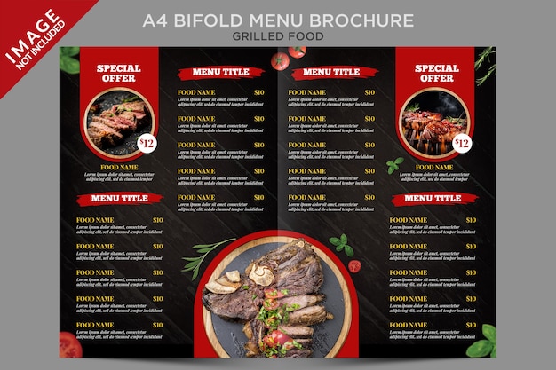 PSD brochure del menu bifold a4 di cibo alla griglia