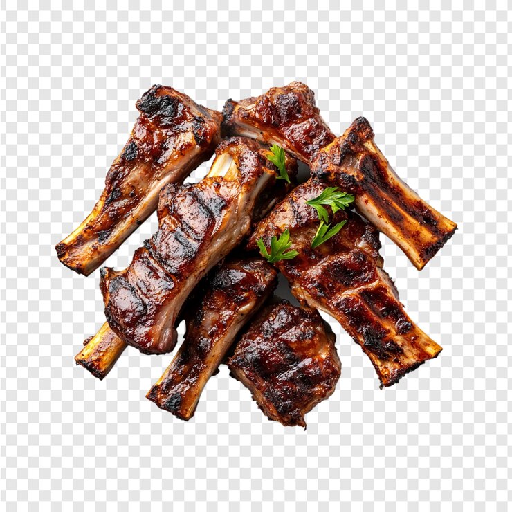 PSD grilled lamb chops served with a branch of rosemary on transparent background