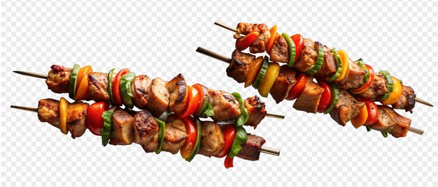 PSD grilled meat skewers with vegetables on transparent background