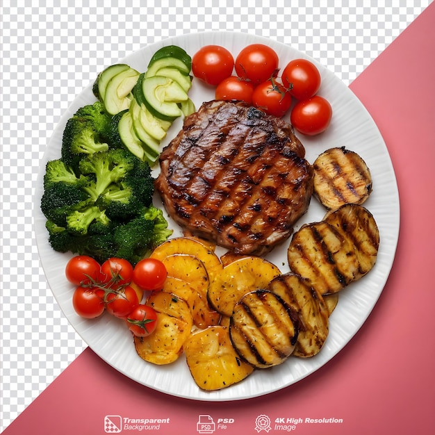 PSD grilled meat and veggies on transparent background isolated