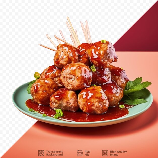 Grilled pork meatballs with sweet chili sauce against transparent background