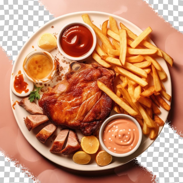 Grilled pork with crispy fries and dressings