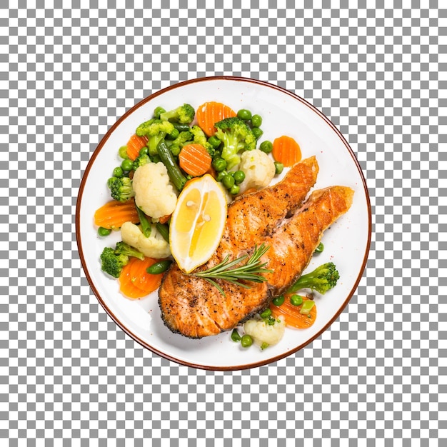Grilled salmon fish steak with fresh vegetable isolated on transparent background