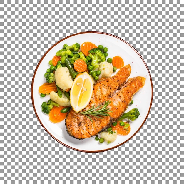 PSD grilled salmon fish steak with fresh vegetable isolated on transparent background