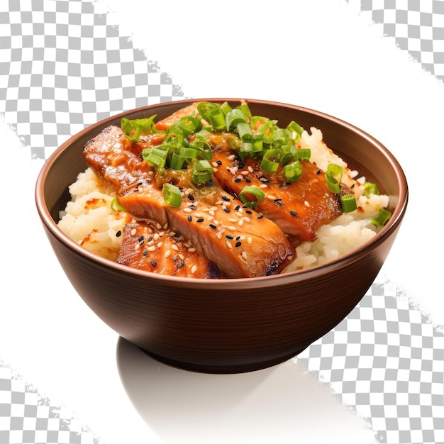 PSD grilled salmon and goose liver rice bowl with parsley isolated on transparent background