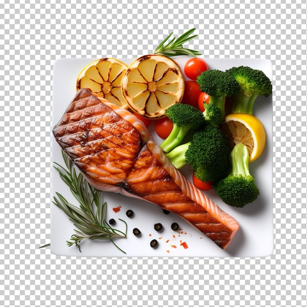 PSD grilled salmon steak with vegetables on transparent background