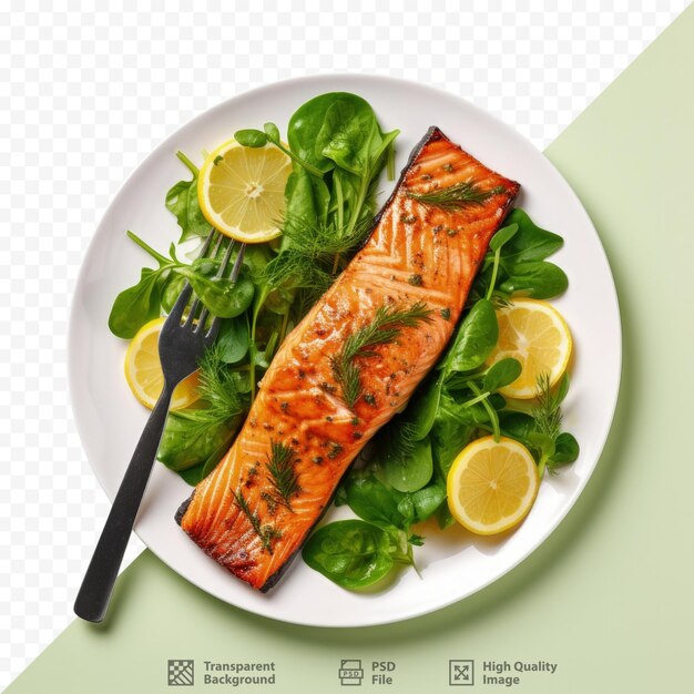 PSD grilled salmon with lettuce lemon on a plate