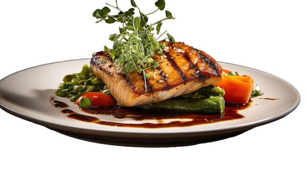 PSD Жареный лосось с овощами на тарелке на прозрачном фоне