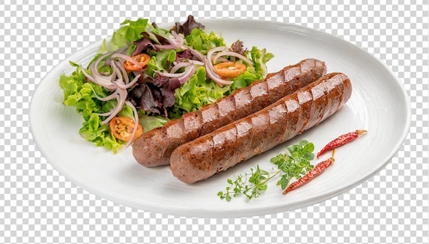 PSD grilled sausages with salad on plate isolated on transparent background