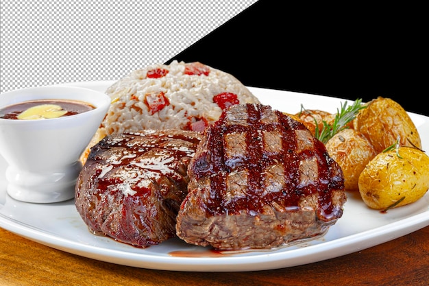 PSD grilled steak with potatoes rice and bbq sauce