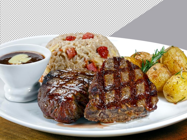 Grilled steak with rice and boiled potatoes