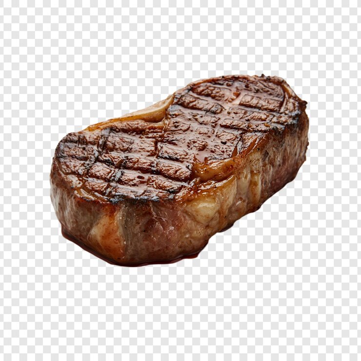PSD grilled steak with rosemary garnish isolated on white background