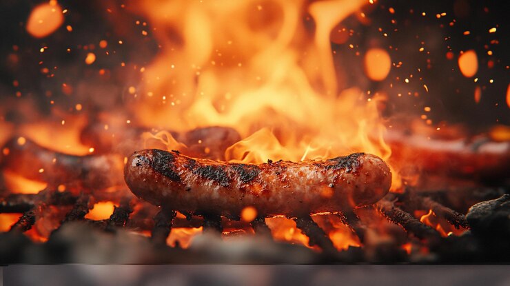 Grillowane kiełbaski gotowane nad gorącym płomieniem na grillu
