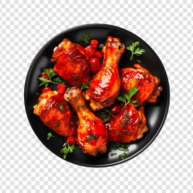 PSD grillowany kurczak lub pieczony grill z przyprawami i pomidorami na talerzu na przezroczystym tle