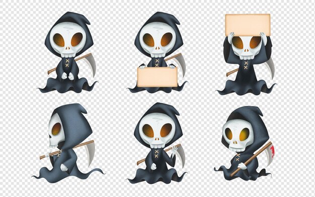 PSD grim reaper halloween karakter mascotte teken houden