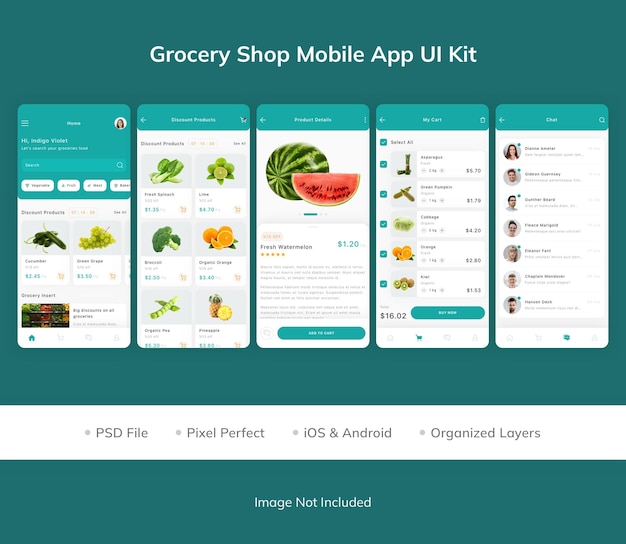 PSD kit dell'interfaccia utente dell'app mobile del negozio di alimentari