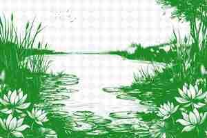 PSD groen gras en het water met een weerspiegeling van een meer