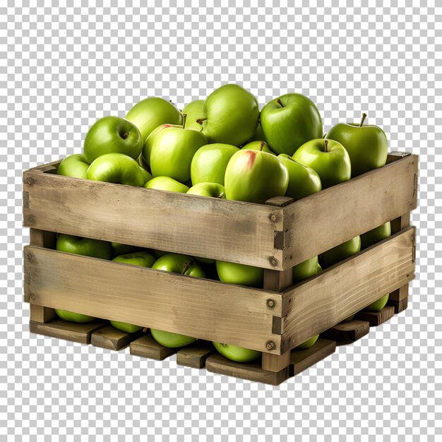 PSD groene appels in een houten doos geïsoleerd op een doorzichtige achtergrond