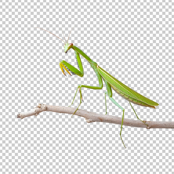 PSD groene gebedsmos op een tak in natuurlijk licht geïsoleerd op een doorzichtige achtergrond