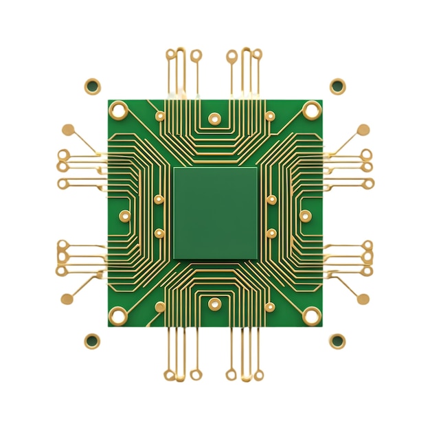 Groene microchip met Circuit Board HighTech Electronics en Computer Hardware Design op White Ba