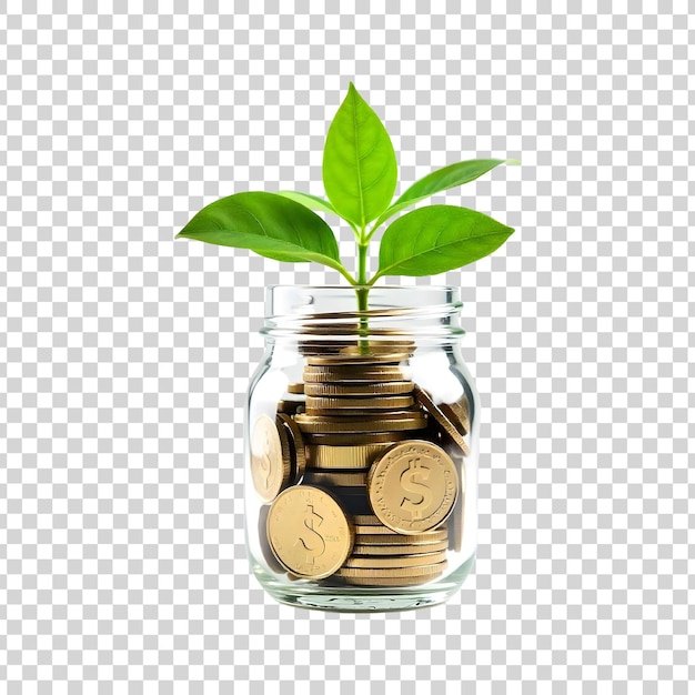 Groene plant die groeit uit munten in een pot op een doorzichtige achtergrond
