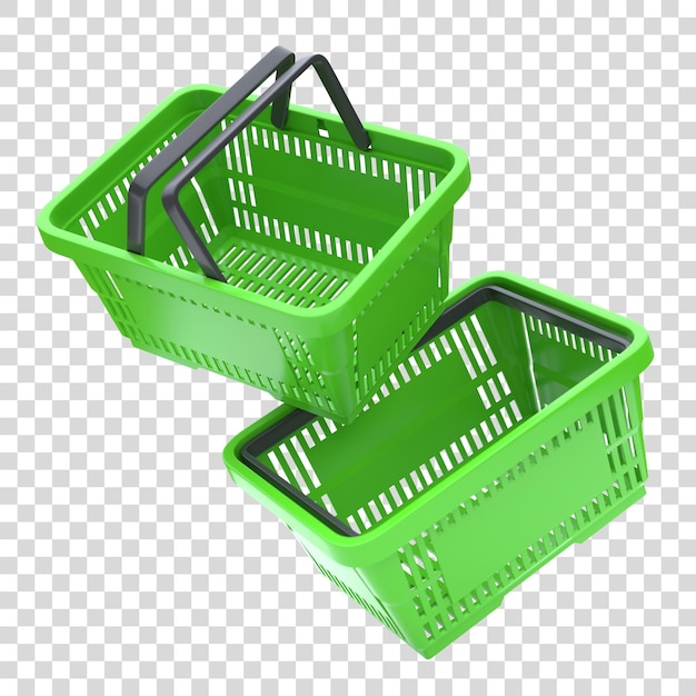 Groene plastic winkelmandjes van supermarkt op witte achtergrond Concept van online 3D winkelen