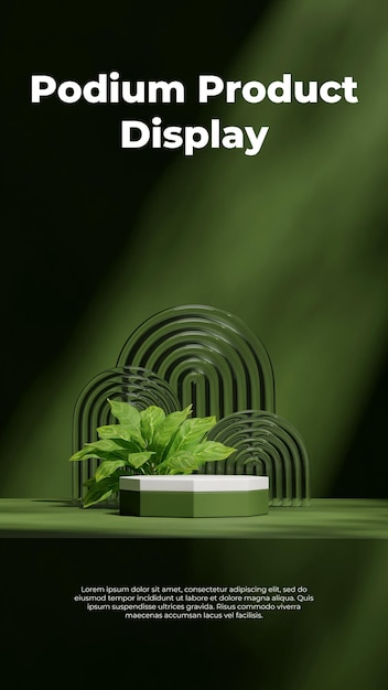 Groene zeshoekige vorm podium in portret boog achtergrond 3D rendering lege scène