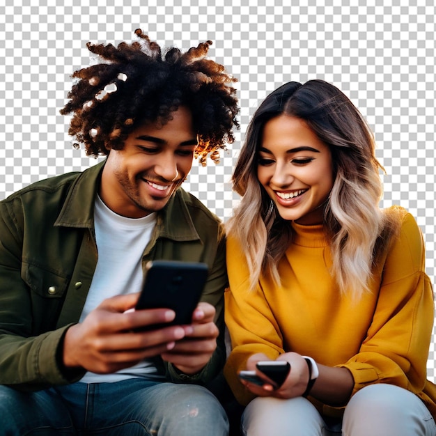 PSD groep gelukkige tienervrienden die naar de telefoon kijken en lachen in de straat van de stad