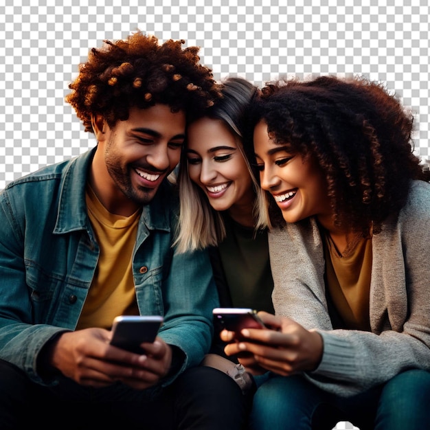 PSD groep gelukkige tienervrienden die naar de telefoon kijken en lachen in de straat van de stad