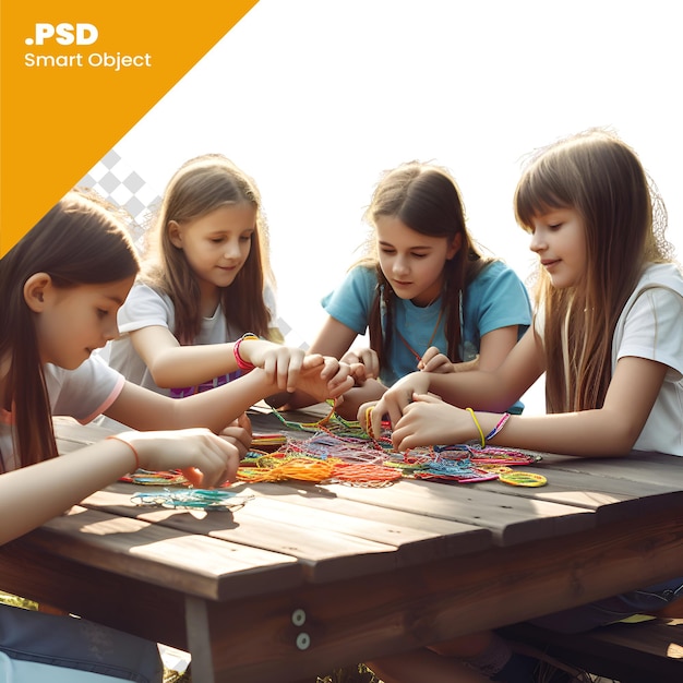 Groep kinderen spelen met kralen op een houten tafel in de speeltuin psd-sjabloon