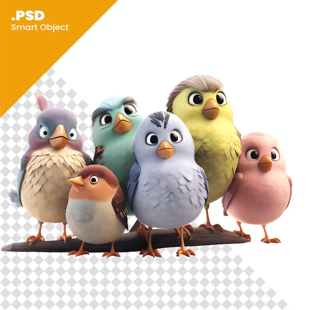 PSD groep vogels in een rij 3d render illustratie op witte achtergrond psd sjabloon