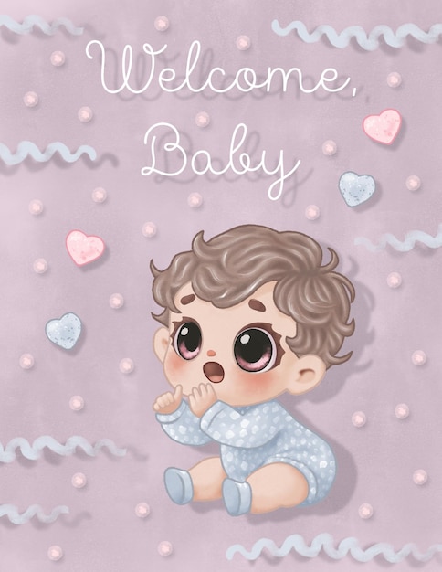 Groetekaartje voor een pasgeborene met een cartoon schattige donkere glimlachende baby harten golvende lijnen