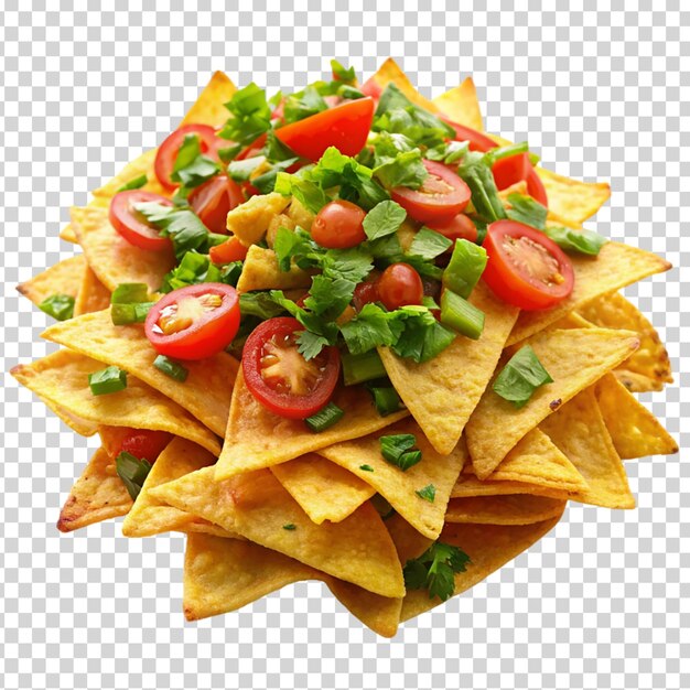 PSD gromada chipsów nacho z różnorodnymi dodatkami na przezroczystym tle