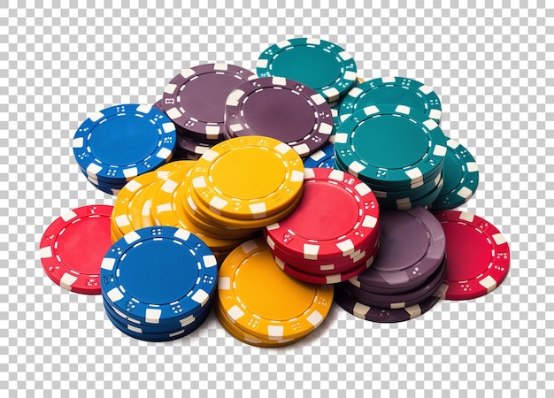 PSD gromada żetonów pokerowych w kasynie na przezroczystym tle