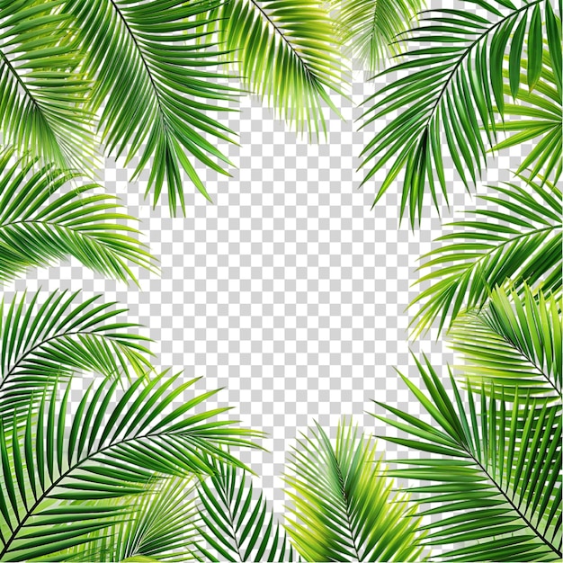 PSD gromada zielonych drzew palmowych w tropikalnym otoczeniu na przezroczystym tle
