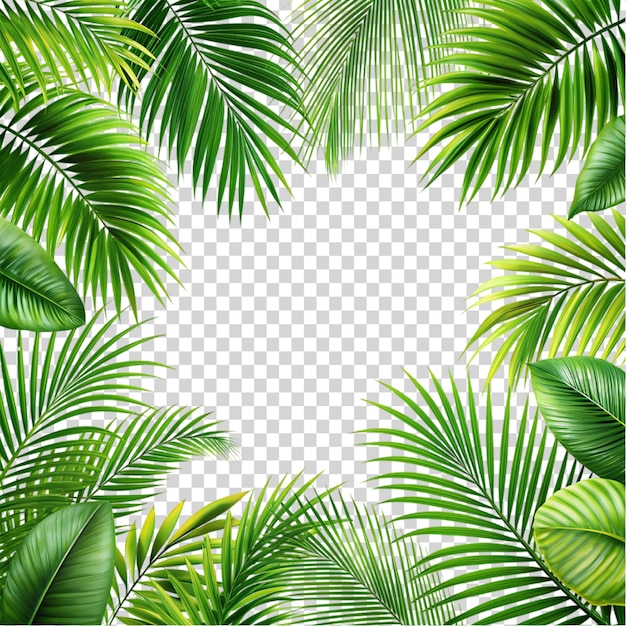 PSD gromada zielonych drzew palmowych w tropikalnym otoczeniu na przezroczystym tle