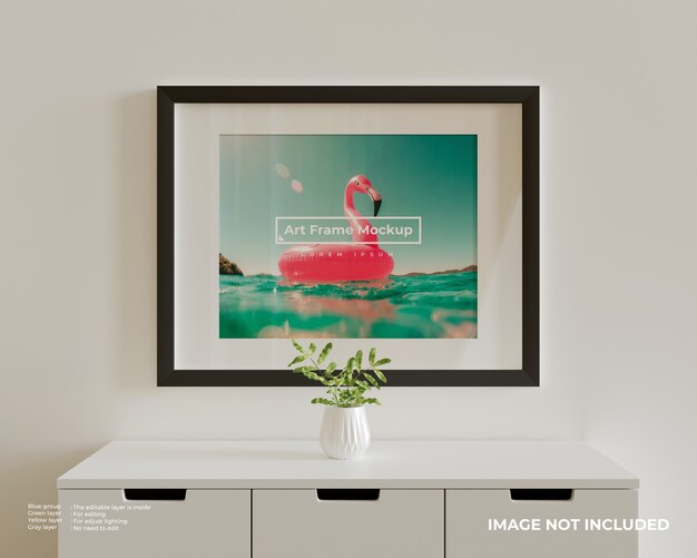 Groot horizontaal art frame poster mockup bovenop de witte kast