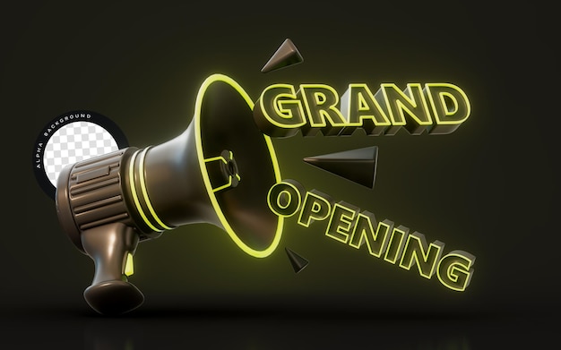 PSD grootse opening teken in retro neon gloeiend licht banner 3d render concept voor het starten van een winkelcentrum