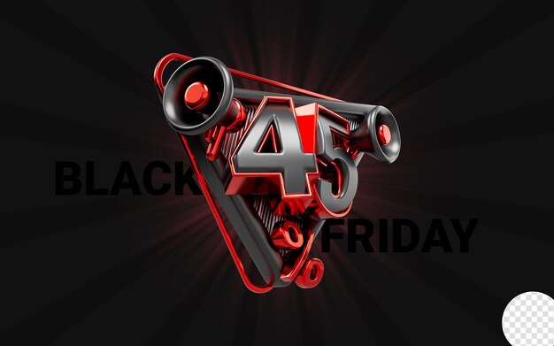 Grote aankondiging 45 procent kortingsaanbieding met megafoon 3d render-concept voor black friday-evenement