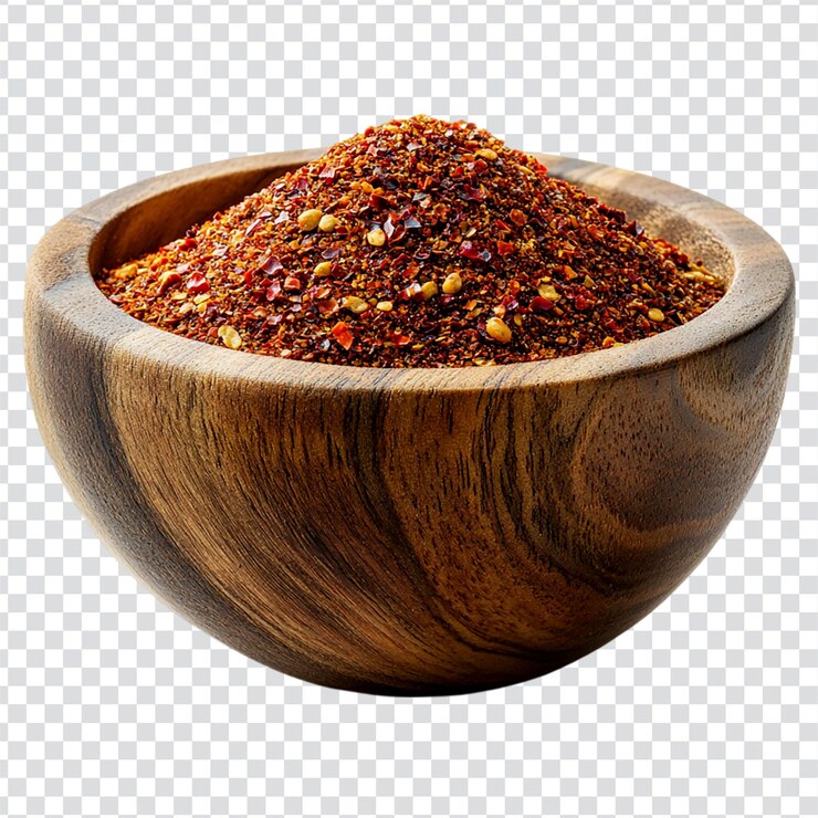 PSD ground chili powder in a wooden bowl on a transparent background