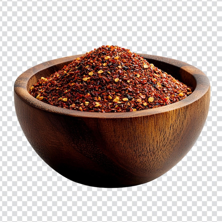 PSD ground chili powder in a wooden bowl on a transparent background