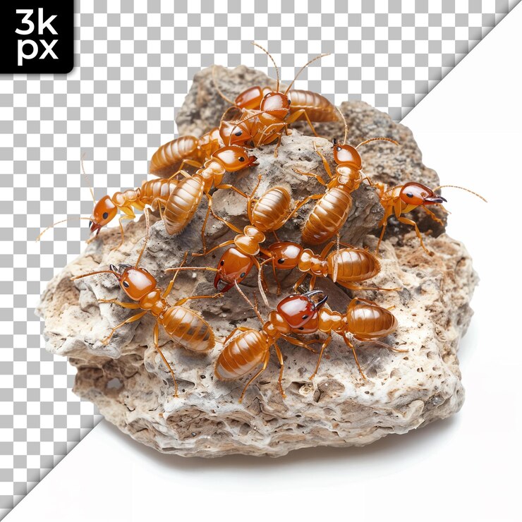 PSD a group of ants are on a rock with a black background