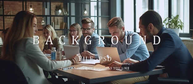 Group of business partners discussing in meeting using laptop and computer