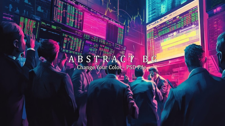 PSD a group of businessmen stand in a brightly lit room with large digital screens displaying stock market data